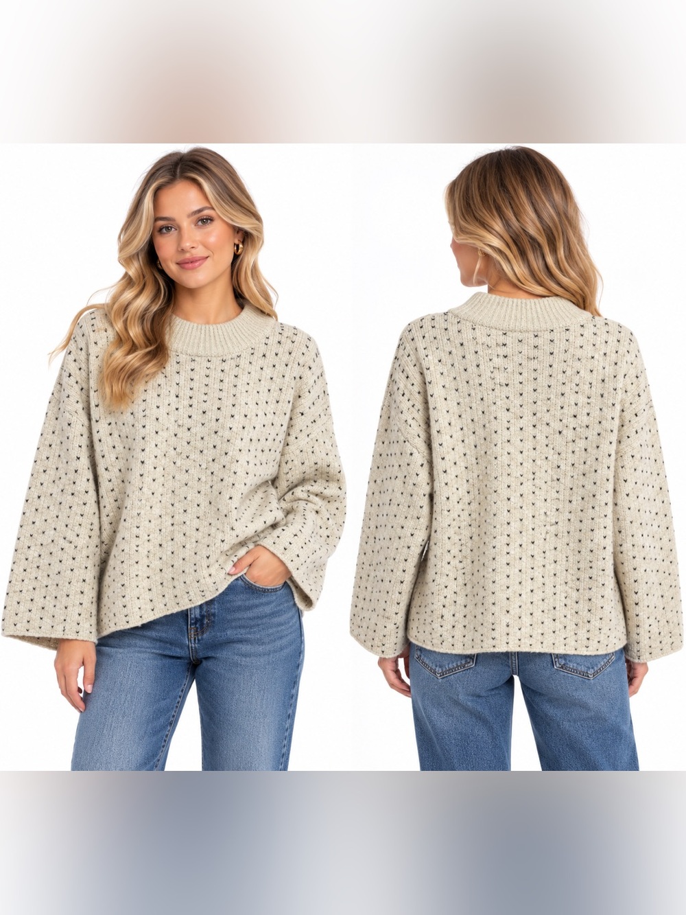 ICHI Cream Black Pattern Sweater Size Large NWT